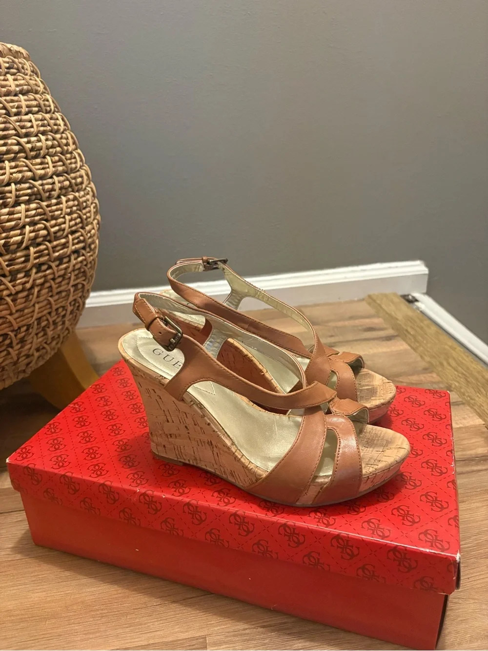 GUESS Brown Leather Cork Wedge Sandals - Slingback Strappy Style